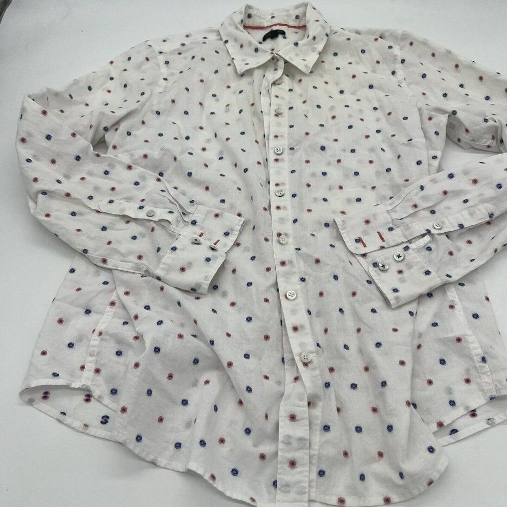 TALBOTS L/S Woven Cotton EMBROIDERED POLKA DOT Shirt Large Blue Pink